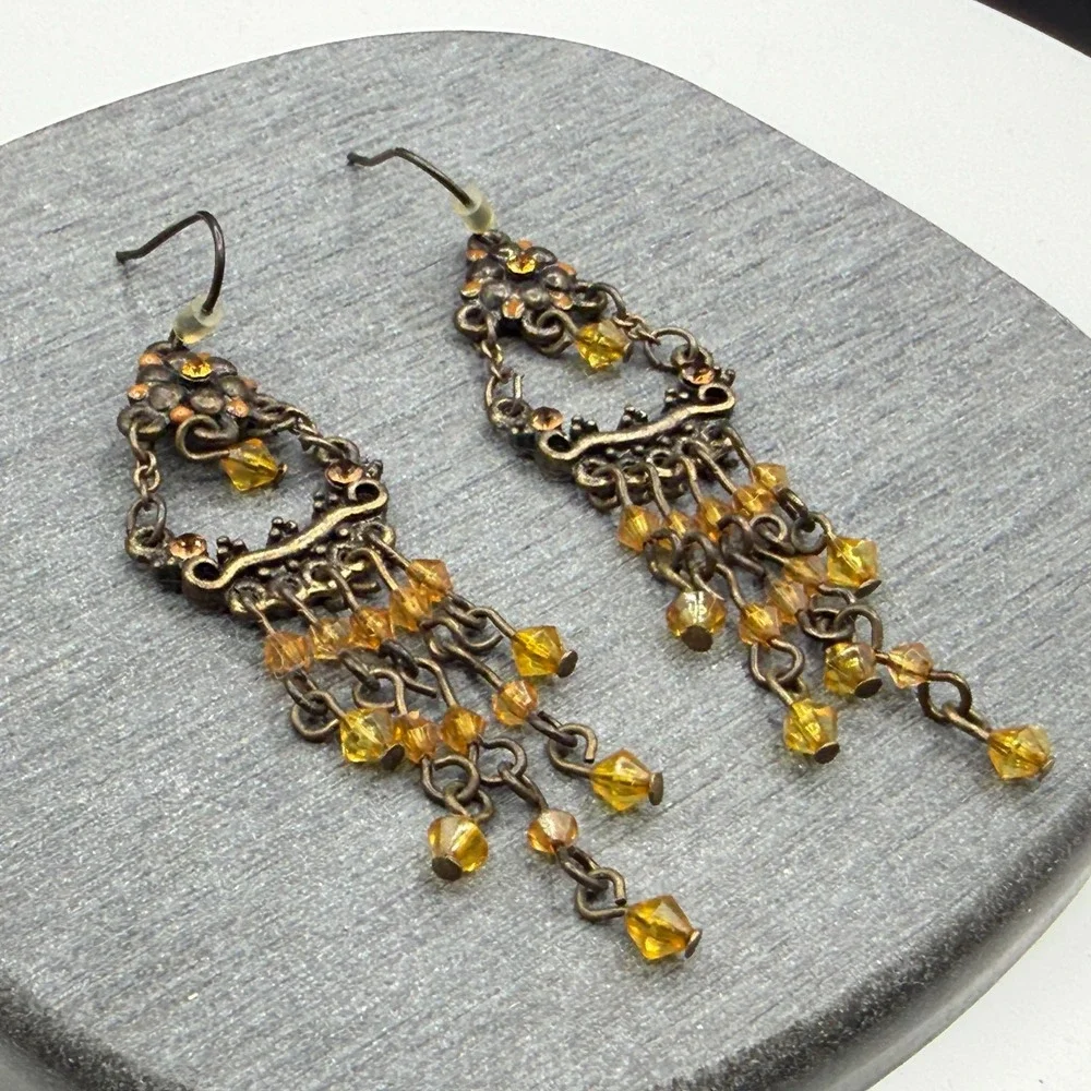 Bronze & Amber Tone Bead Chandelier Earrings Boho Floral Statement Pierced Drop